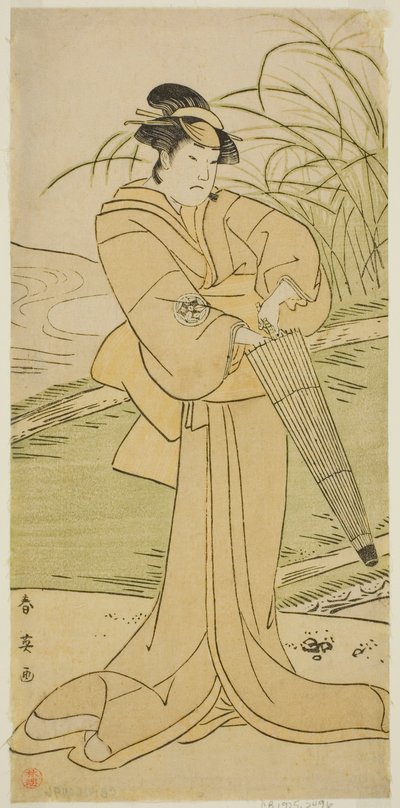 Yamashita Kinsaku II. színész mint Okaya a Yomogi Fuku Noki no Tamamizu című darabban, amelyet a Kiri Színházban adtak elő az ötödik hónapban, 1795-ben. alkotó: Katsukawa Shun