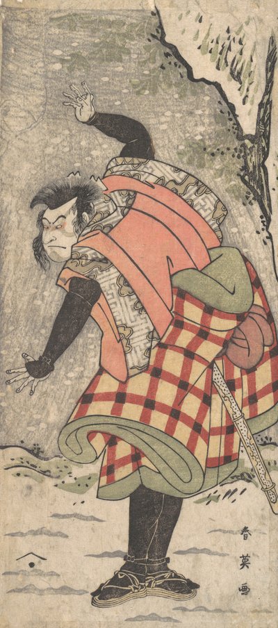 Azonosítatlan színész, mint Kyokaku, aki egy szikla lábánál áll a hóviharban, kb. 1793. alkotó: Katsukawa Shun