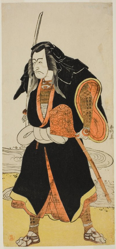 A színész Ichikawa Danjuro V, valószínűleg mint Ise no Saburo, Sanjo Uemon, egy rablóbanda vezetőjének álcázva, a Fude-hajime Kanjincho (Az újév első kalligráfiája: Kanjincho [Az előfizetési lista]) című darab második részében, a Nakamura Színházban előadv alkotó: Katsukawa Shunkо̄