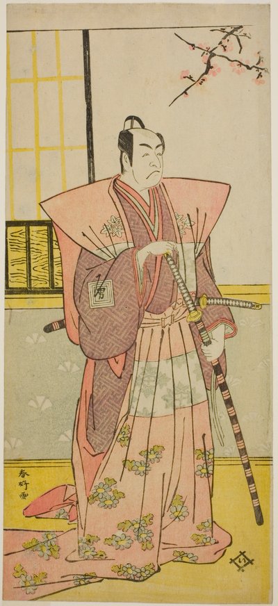 Ichikawa Omezo I. színész mint Koyurugi Motomenosuke () a Haru no Nishiki Date-zome Soga () című darabban, amelyet a Nakamura Színházban () adtak elő 1790 első hónapjában (). alkotó: Katsukawa Shunkо̄