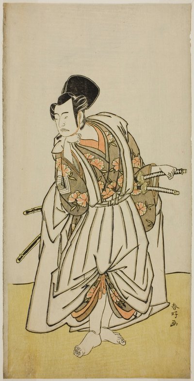 A színész Ichikawa Yaozo II mint Sakura-maru a Sugawara Denju Tenarai Kagami című darabban, amelyet az Ichimura Színházban adtak elő 1776 hetedik havában. alkotó: Katsukawa Shunkо̄