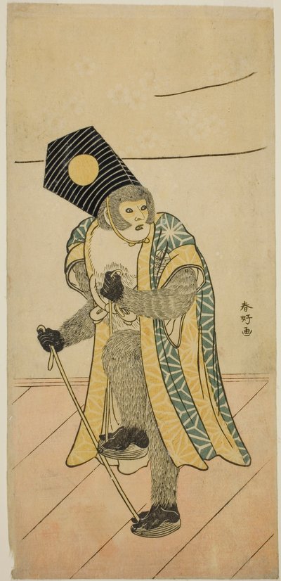 Ichimura Uzaemon IX. színész mint majom a Mitsu Ningyo Yayoi no Hinagata című darabban, amelyet a Nakamura Színházban adtak elő 1785 második hónapjában. alkotó: Katsukawa Shunkо̄