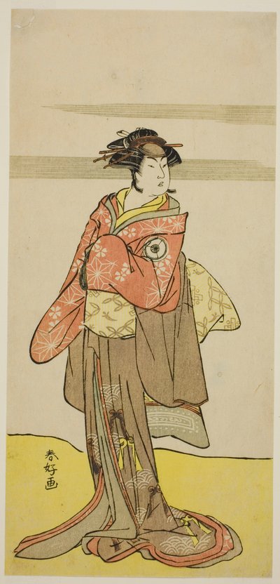 A színész Iwai Hanshiro IV Hitomaru, mint Oshun gésának álcázott Hitomaru az Edo no Hana Mimasu Soga című darabban, amelyet a Nakamura Színházban adtak elő 1783 harmadik hónapjában. alkotó: Katsukawa Shunkо̄