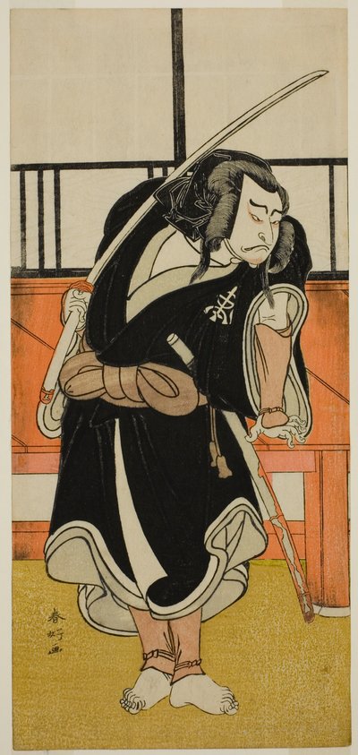 Nakamura Nakazo I. színész mint Aso no Matsuwaka () az Iro Moyo Aoyagi Soga () című darabban, amelyet a Nakamura Színházban () adtak elő 1775 második hónapjában (). alkotó: Katsukawa Shunkо̄