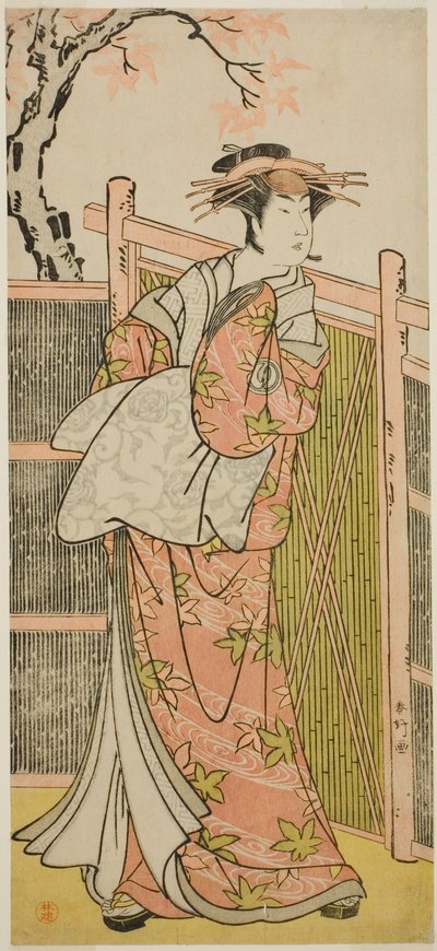Sawamura Sojuro III. színész mint a kurtizán Takao szelleme a Takao Daimyojin Momiji no Tamagaki című darabban, amelyet a Nakamura Színházban adtak elő 1787 hetedik hónapjában. alkotó: Katsukawa Shunkо̄