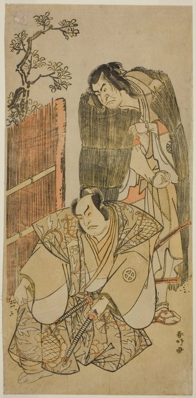 A színészek: Nakamura Nakazo I. mint Kagekiyo koldusnak öltözve (jobbra), és Otani Hiroji III. mint Onio Shinzaemon (balra), a Kotobuki Banzei Soga című darabban, amelyet az Ichimura Színházban adtak elő 1783 harmadik hónapjában. alkotó: Katsukawa Shunkо̄