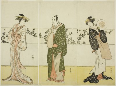 A színészek Osagawa Tsuneyo II (jobbra), Ichikawa Monnosuke II (középen) és Segawa Kikunojo III (balra), valószínűleg mint Misao Gozen, Matsuya Soshichi és a hakatai kurtizán Kojoro, a Chiyo no Hajime Ondo no Seto (Az örökkévalóság kezdetei) című darabban: alkotó: Katsukawa Shunkо̄