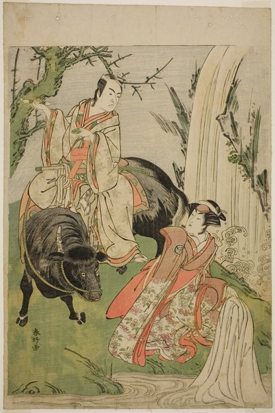 A színészek: Segawa Kikunojo III mint Hatsune hercegnő (Hatsune Hime) (jobbra) és Ichikawa Monnosuke II mint Miyukinosuke Yukinari, az Otokoyama Furisode Genji című darabban, amelyet a Kiri Színházban adtak elő a tizenegyedik hónapban, 1785-ben. alkotó: Katsukawa Shunkо̄