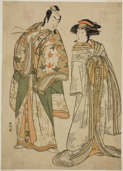 A színészek: Segawa Kikunojo III mint Sumizome kurtizán (jobbra) és Ichikawa Monnosuke II mint Goinosuke Yoshimine (balra), a Juni-hitoe Komachi-zakura című darabban, amelyet a Kiri Színházban adtak elő 1784 tizenegyedik hónapjában. alkotó: Katsukawa Shunkо̄