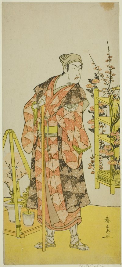 A színész Matsumoto Koshiro IV, mint a növény eladója, Awashima no Yonosuke a Mukashi Otoko Yuki no Hinagata című darabban, amelyet az Ichimura Színházban mutattak be a tizenegyedik hónapban, 1781 alkotó: Katsukawa Shunsen