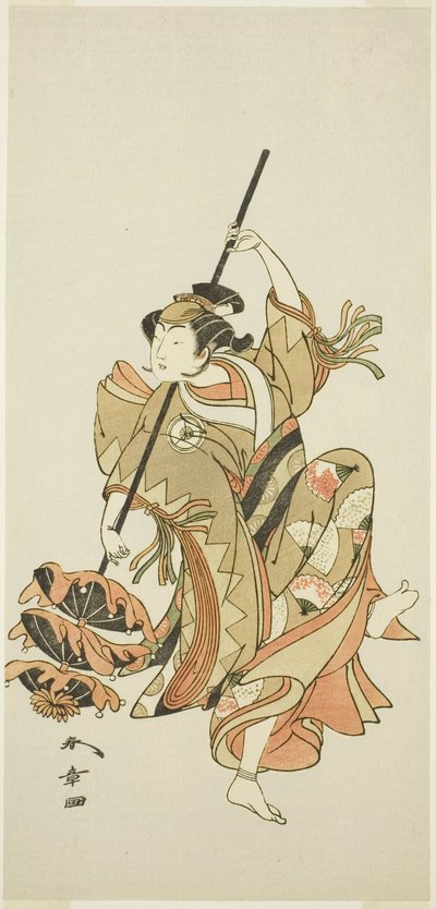Iwai Hanshiro IV színész előadja a hármas esernyőtáncot a „Japán virága: Ono no Komachi öt karaktere” (Kuni no Hana Ono no Itsumoji) című filmben. alkotó: Katsukawa Shunsho