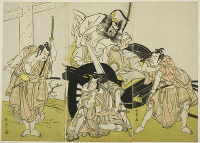 A színészek: Nakajima Mihoemon II mint Fujiwara no Shihei, Ichikawa Ebizô III mint Matsuo-maru, Ichikawa Yaozô II mint Sakura-maru és Ichimura Uzaemon IX mint Umeo-maru a "Sugawara kalligrafikus titkai" ("Sugawara denju tenarai kagami") című filmben. alkotó: Katsukawa Shunsho