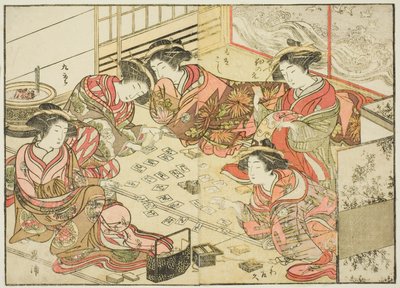 Az Echizenya udvarhölgyei, a "Gyönyörű nők tükre az örömnegyedből (Seiro bijin awase sugata kagami)" című könyvből. 2 alkotó: Katsukawa Shunsho