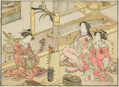 A Kadotsutaya udvarhölgyei, a "Gyönyörű nők tükre az örömnegyedben (Seiro bijin awase sugata kagami)" című könyvből. 1 alkotó: Katsukawa Shunsho