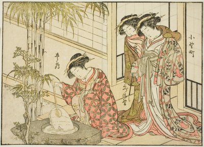 A Maruya udvarhölgyei, a "Gyönyörű nők tükre az örömnegyedben (Seiro bijin awase sugata kagami)" című könyvből. 2 alkotó: Katsukawa Shunsho