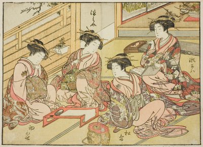 A Matsubaya udvarhölgyei, a "Gyönyörű nők tükre az örömnegyedben (Seiro bijin awase sugata kagami)" című könyvből. 1 alkotó: Katsukawa Shunsho