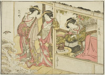A Nakaomiya udvarhölgyei, a "Gyönyörű nők tükre az örömnegyedben (Seiro bijin awase sugata kagami)" című könyvből. 2 alkotó: Katsukawa Shunsho