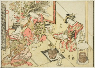 Az Okaneya udvarhölgyei, a "Gyönyörű nők tükre az örömnegyedből (Seiro bijin awase sugata kagami)" című könyvből. 2 alkotó: Katsukawa Shunsho