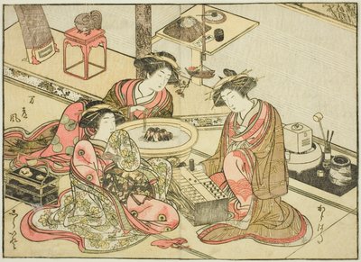 A Yamashiroya udvarhölgyei, a "Gyönyörű nők tükre az örömnegyedben (Seiro bijin awase sugata kagami)" című könyvből. 2 alkotó: Katsukawa Shunsho