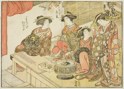 Négy udvarhölgy különböző házakból, a "Gyönyörű nők tükre az örömnegyedből (Seiro bijin awase sugata kagami)" című könyvből. 3 alkotó: Katsukawa Shunsho