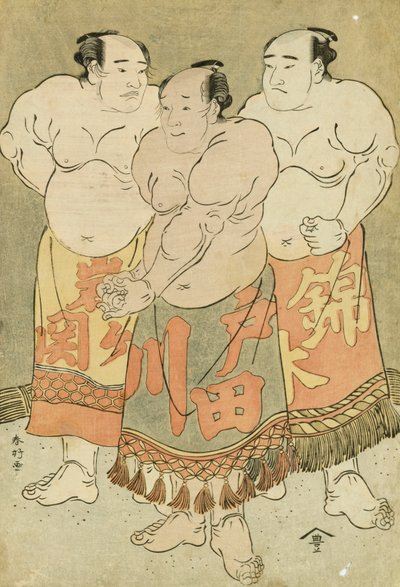 Nishikigi, Todagawa és Iwagaseki birkózók teljes hosszúságú portréi, akik bemutatkoznak a Ringben (színes fatömbnyomat) alkotó: Katsukawa Shunsho