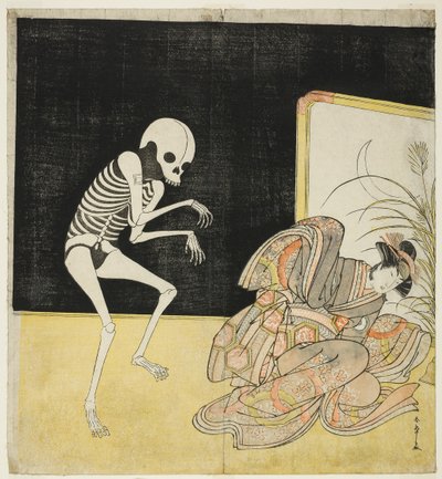 Ichikawa Danjūrō V. Csontváz, a Renegát szerzetes Seigen szelleme és Iwai Hanshirō IV. Cseresznye Hercegnő szerepében, az Edo virága című filmben: An Ichikawa Saga" (Edo no Hana Mimasu Soga). alkotó: Katsukawa Shunsho