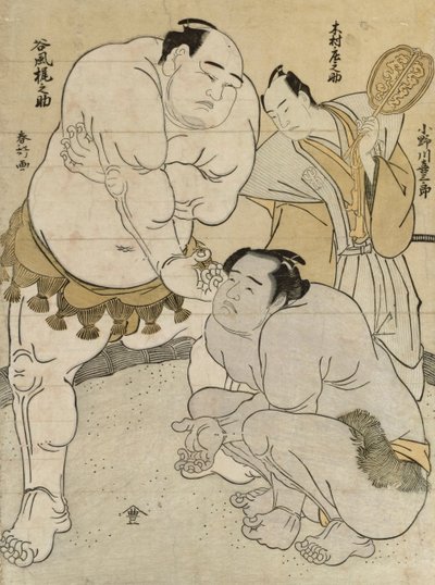Előkészület az Onagawa Uki Saburo draft előtt, Tanikaze Kajinosuke, játékvezető: Kimura Shosuke alkotó: Katsukawa Shunsho