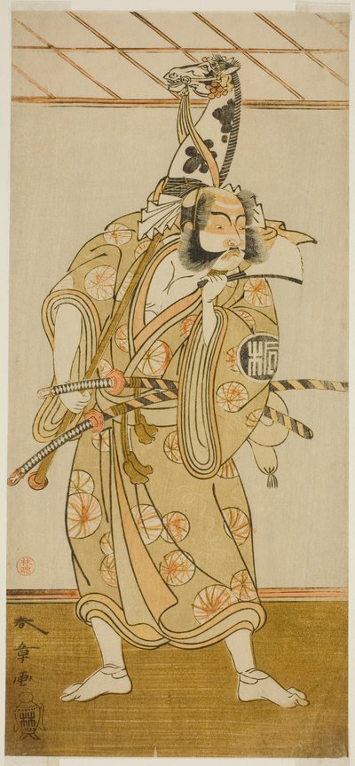 A színész Arashi Sangoro II Asahina Saburo szerepében az Iro Maki-e Soga no Sakazuki című darabban, a Morita Színházban az első hónapban, 1773 alkotó: Katsukawa Shunsho