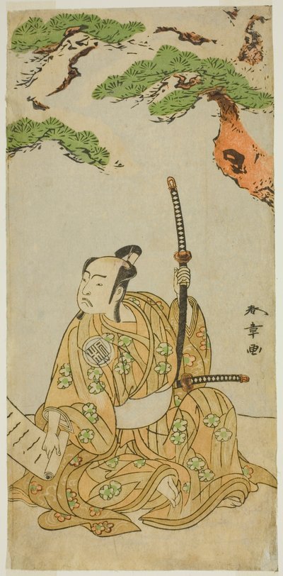 A színész Arashi Sangoro II Sakura-maru szerepében a Sugawara Denju Tenarai Kagami című darabban, az Ichimura Színházban az első hónapban, 1772 alkotó: Katsukawa Shunsho