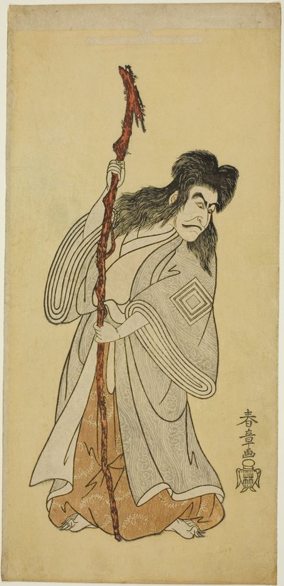 IV. Ichikawa Danjuro színész, feltehetően Tenjiku Tokubei szerepében a „Tenjiku Tokubei Turns the Helm to home to (Tenjiku Tokubei Kokyo no Torikaji)” című darabban, amelyet a Nakamura színházban mutattak be 1768 nyolcadik hónapjában. alkotó: Katsukawa Shunsho