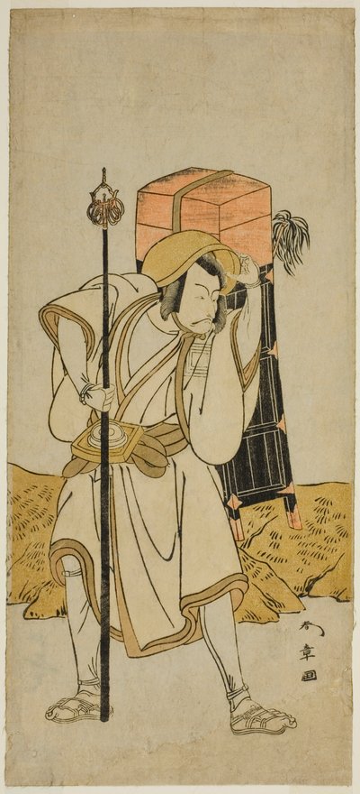 A színész Ichikawa Danjuro V, mint Moriya no Daijin Rokuju-rokubuként álcázva a Miya-bashira Iwao no Butai című darabban, a Morita Színházban a hetedik hónapban, 1773 alkotó: Katsukawa Shunsho