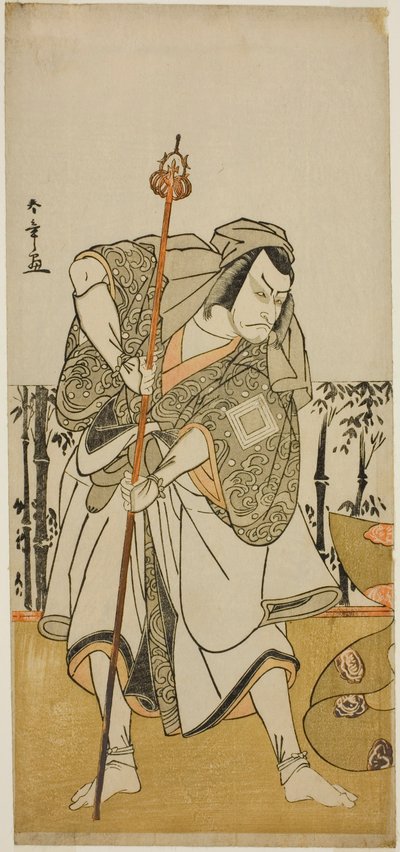 A színész Ichikawa Danjuro vs Taira no Masakado Zarándok Jundzsónak álcázva a Masakado Kammuri no Hatsuyuki című darabban, amelyet a Nakamura Színházban mutattak be a tizenegyedik hónapban, alkotó: Katsukawa Shunsho