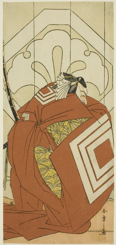 Ichikawa Danjuro V. színész "Shibaraku" szerepben, valószínűleg mint Kato Hyoeisa Shigemitsu, a Masakado Kammuri no Hatsuyuki (Az első hó Taira no Masakado udvari fejdíszén) című darab harmadik jelenetében, amelyet a Nakamura Színházban adtak elő a tizeneg alkotó: Katsukawa Shunsho