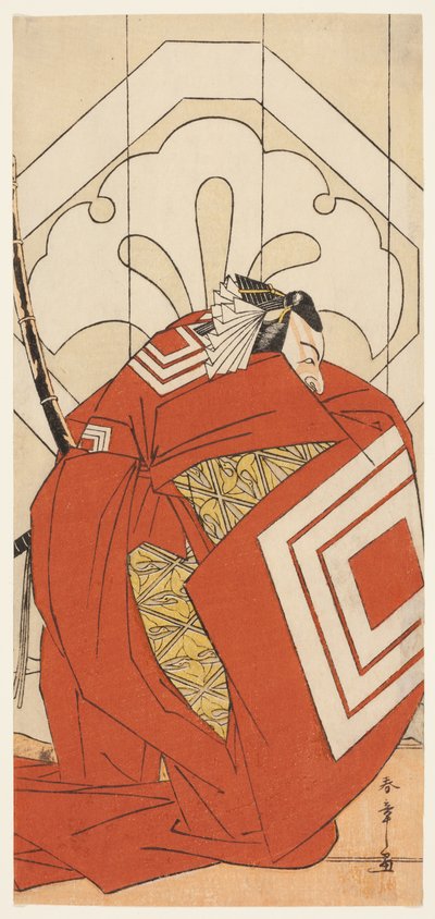 Ichikawa Danjuro V. színész "Shibaraku" szerepben, valószínűleg mint Kato Hyoeisa Shigemitsu, a Masakado Kammuri no Hatsuyuki (Az első hó Taira no Masakado udvari fejdíszén) című darab harmadik jelenetében, amelyet a Nakamura Színházban adtak elő a tizeneg alkotó: Katsukawa Shunsho