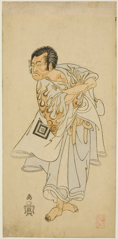 A színész, Ichikawa Danzo III, mint a szent remete Narukami a "Narukami" című darabban, a "Miyakodori Azuma Komachi (A főváros madara: Kelet Komachi)"-val a Morita Színházban 1768 harmadik hónapjában. alkotó: Katsukawa Shunsho