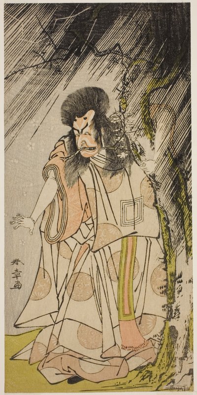 A színész Ichikawa Ebizo III, mint a mennydörgés isten, Sugawara Michizane megtestesülése a Sugawara Denju Tenarai Kagami című darabban, amelyet az Ichimura Színházban mutattak be a nyolcadik hónapban, 1776 alkotó: Katsukawa Shunsho