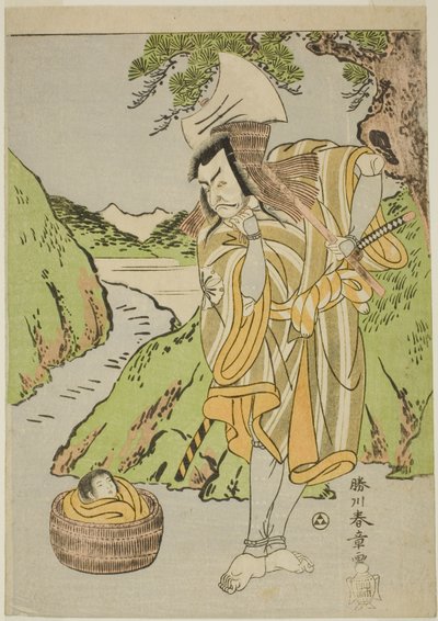 A színész Matsumoto Koshiro II, mint Osada no Taro Kagemune Favágónak álcázott Gankutsu no Gorozo a Nue no Mori Ichiyo no Mato (A Nue szörny erdeje: A tizenegyedik hónap célpontja) című darab negyedik (?) felvonásában. Nakamura Színház oda alkotó: Katsukawa Shunsho