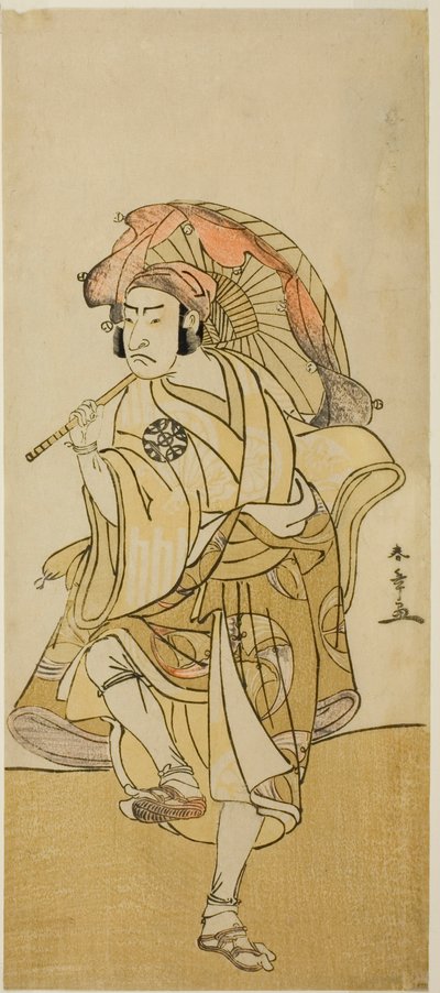 A színész Nakamura Nakazo I, mint Onmaya Kisanda Kakubei oroszlántáncosnak álcázva a Chigo Torii Tobiiri Kitsune című darabban, amelyet az Ichimura Színházban mutattak be a tizenegyedik hónapban, 1777 alkotó: Katsukawa Shunsho