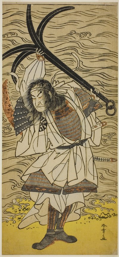 A színész Nakamura Nakazo I, mint Taira no Tomomori, Tokaiya Gimpeinek álcázva, a Yoshitsune Sembon-zakura színdarabban, amelyet a Morita Színházban mutattak be a negyedik hónapban, 1777 alkotó: Katsukawa Shunsho