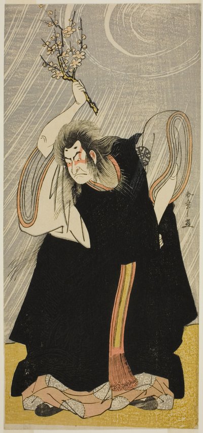 A színész Nakamura Nakazo I, mint a mennydörgés isten, Kan Shojo megtestesülése a Sugawara Denju Tenarai Kagami című darabban, amelyet a Morita Színházban mutattak be a harmadik hónapban, 1780 alkotó: Katsukawa Shunsho