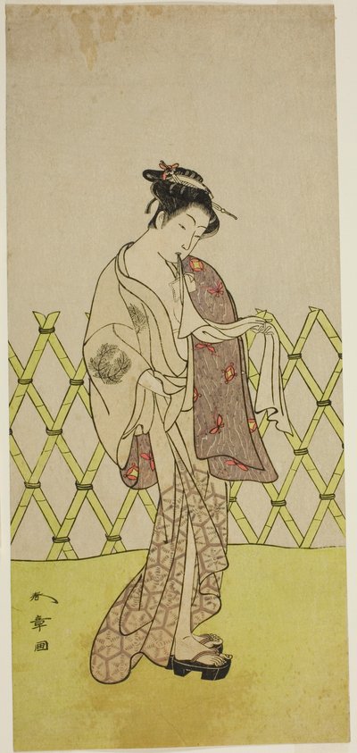 Mr. Nakamura Rikoi egy kicsi lány (?) tagja Te Pay. O úr nézőpontja Menj fel, Perfor me d At Te Ichimura Ter tag Te E ghth Gate th, 1773 alkotó: Katsukawa Shunsho