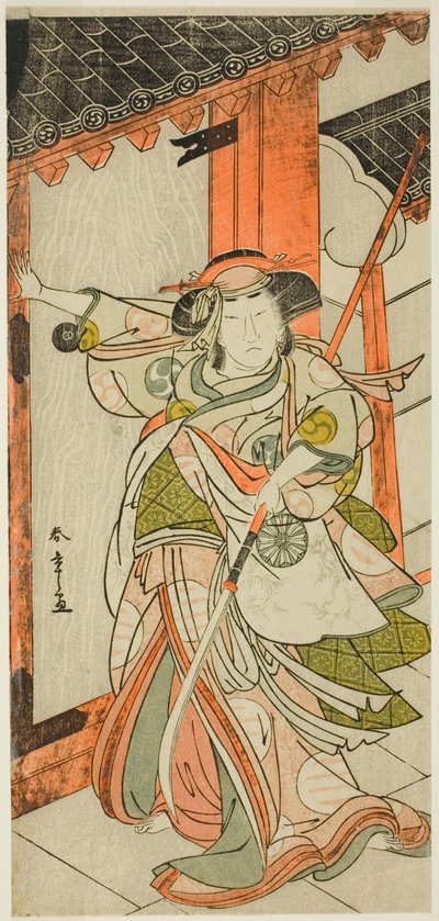 A színész Nakamura Tomijuro I mint Hangaku Gozen, amint lebontja a kaput a Wada-gassen Onna Maizuru (A Wada-konfliktus: Egy nő "Maizuru") című darabban, amelyet a Nakamura Színházban adtak elő a hetedik hónap huszonötödik napjától, 1777-től. alkotó: Katsukawa Shunsho