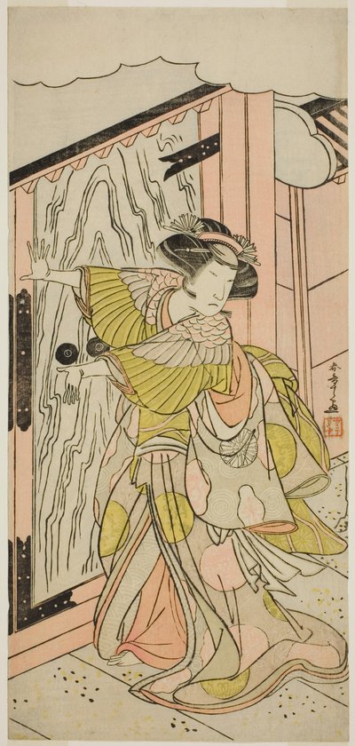 Nakamura Tomijuro I. Lady Hangaku (Hangaku Gozen) szerepében a Wada-gassen Onna Maizuru című darabban, a Nakamura Színházban a hetedik hónapban, 1777 alkotó: Katsukawa Shunsho