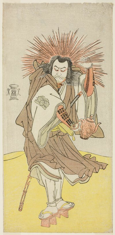 Nakayama Kojuro VI. színész mint Osada no Taro Kagemune (a valóságban Hatcho Tsubute no Kiheiji), a Gion-szentély lámpagyújtogatójának szerepében, a Yukimotsu Take Furisode Genji (Hóval borított bambusz: Genji hosszú ujjúban) című darab első részének harma alkotó: Katsukawa Shunsho