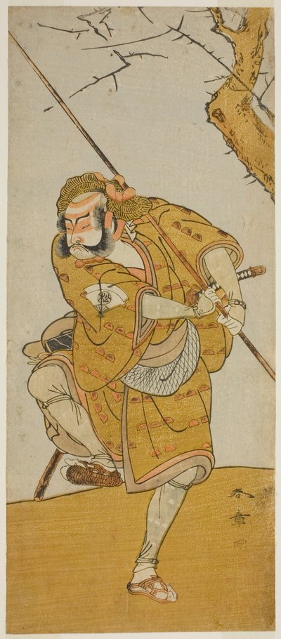 A színész, Onoe Matsusuke I, mint Kobayashi no Asahina Madárfogónak álcázva az Edo no Haru Meisho Soga című darabban, amelyet az Ichimura Színházban mutattak be a harmadik hónapban, 1773 alkotó: Katsukawa Shunsho