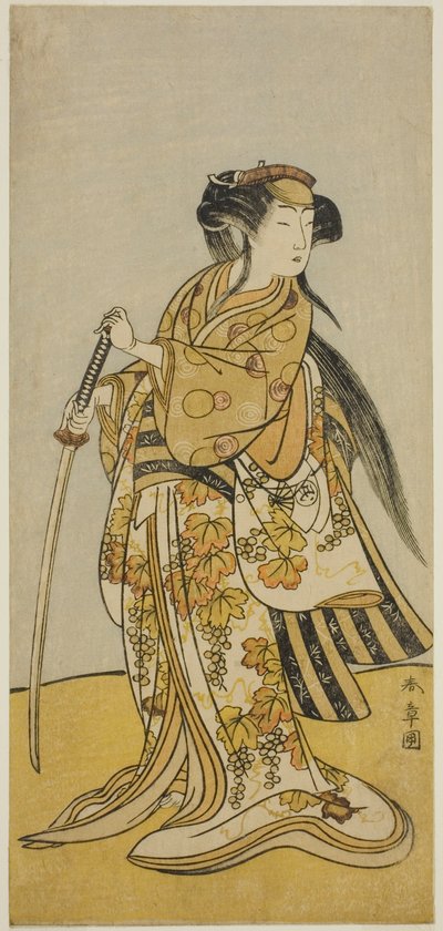 A színész, Onoe Tamizo I Kureha (?) szerepében a Shusse Taiheiki (?) című darabban, a Nakamura Színházban (?) a Nyolcadik Hónapban, 1775 (?) alkotó: Katsukawa Shunsho