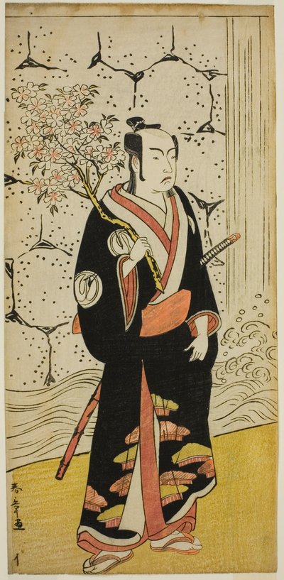 A színész Sawamura Sojuro III Sonobe Zaemon szerepében a Shin Usuyuki Monogatari című darabban, amelyet az Ichimura Színházban mutattak be 1779 nyolcadik hónapjában. alkotó: Katsukawa Shunsho