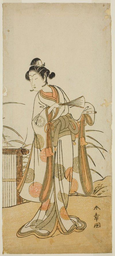 A színész Segawa Kikunojo III, mint Aigo no Waka a Chigo Sakura Jusan Kane című darabban, az Ichimura Színházban a tizenegyedik hónapban, 1774 alkotó: Katsukawa Shunsho
