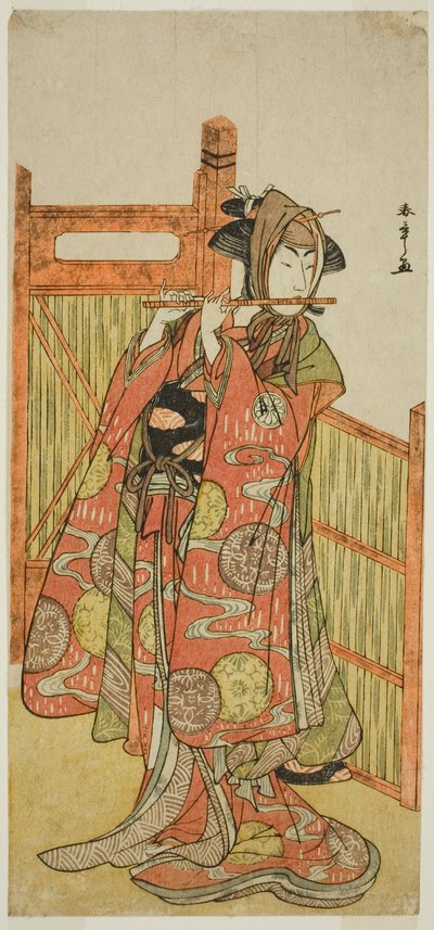 A színész Segawa Kikunojo III, mint Kojoro-gitsune A virágárus Okikunak álcázott Mure Takamatsu Yuki no Shirahata című darabban, az Ichimura Színházban a tizenegyedik hónapban, 1780 alkotó: Katsukawa Shunsho