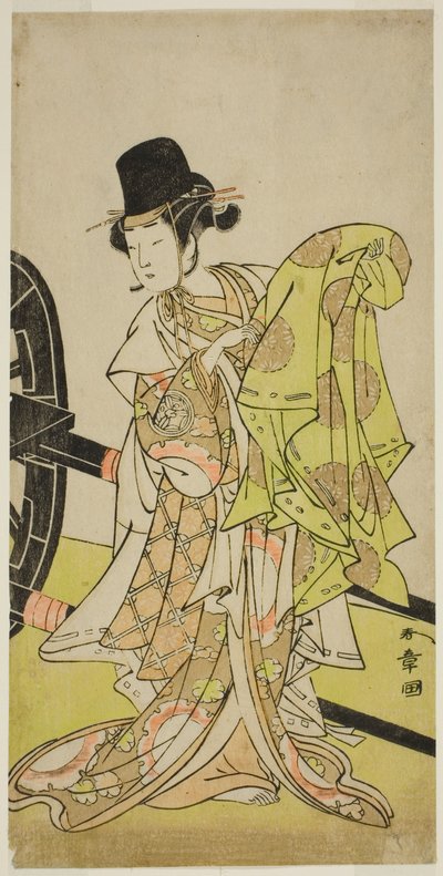 A színész Yamashita Kinsaku II, mint Tsukimasu, mint Sakura-maru, a Miya-bashira Iwao no Butai című darabban, a Morita Színházban a hetedik hónapban, 1773 alkotó: Katsukawa Shunsho